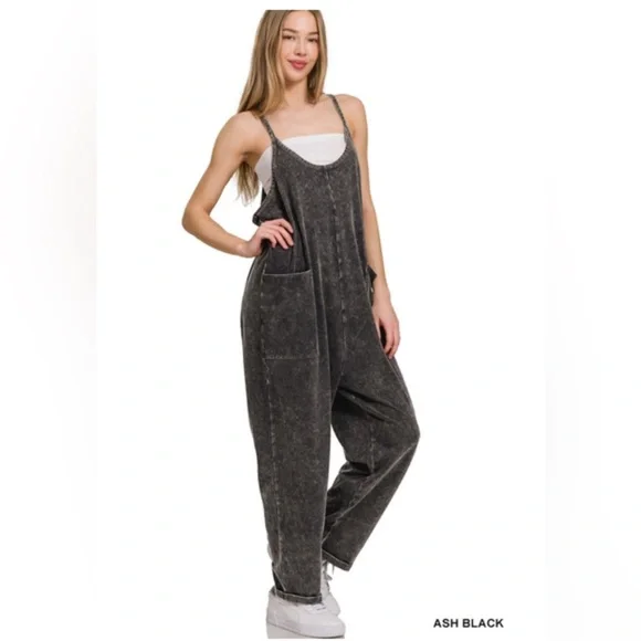 Bohemian Black Mineral Wash Jumpsuit Overalls S M L - Picture 4 of 4